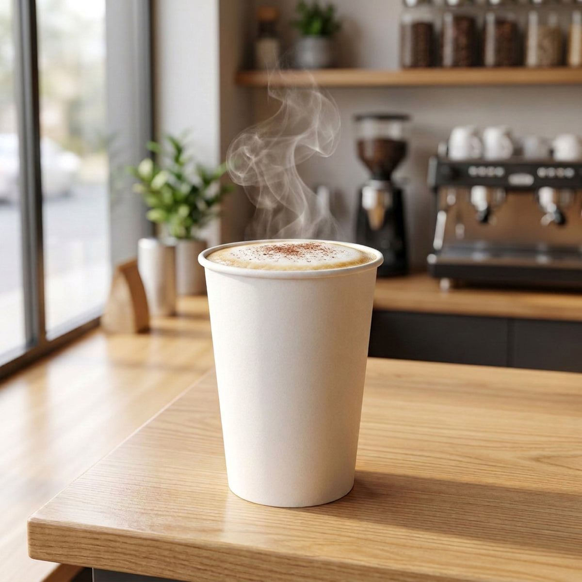 A steaming white cup of coffee on a wooden table, with a coffee machine and plants in the background.