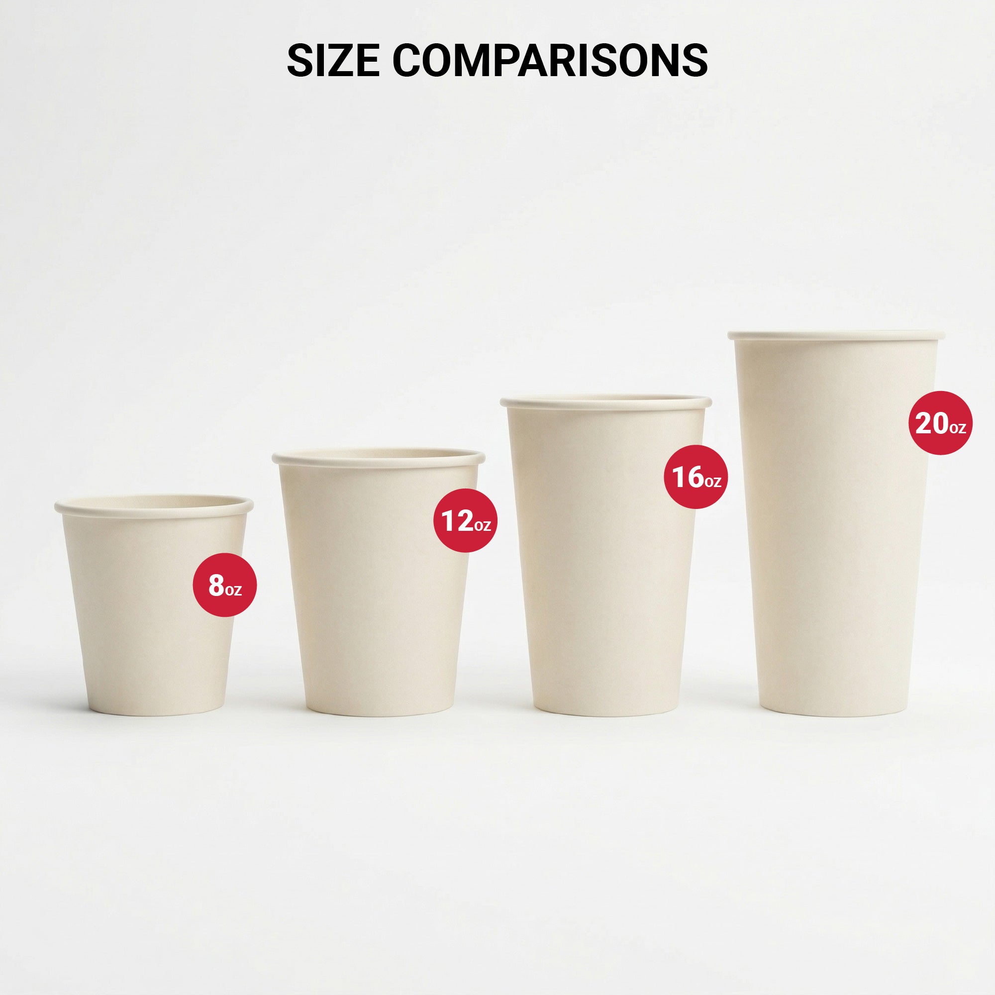 Four beige paper cups are lined up from smallest to largest labeled 8oz, 12oz, 16oz, and 20oz. The text "Size Comparisons" is above them.