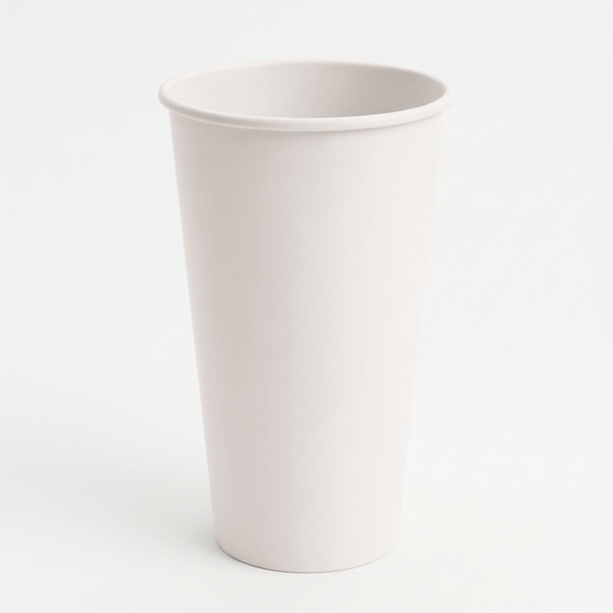 A tall, plain, off-white ceramic cup is centered on a white background. The minimalist design conveys simplicity and elegance.