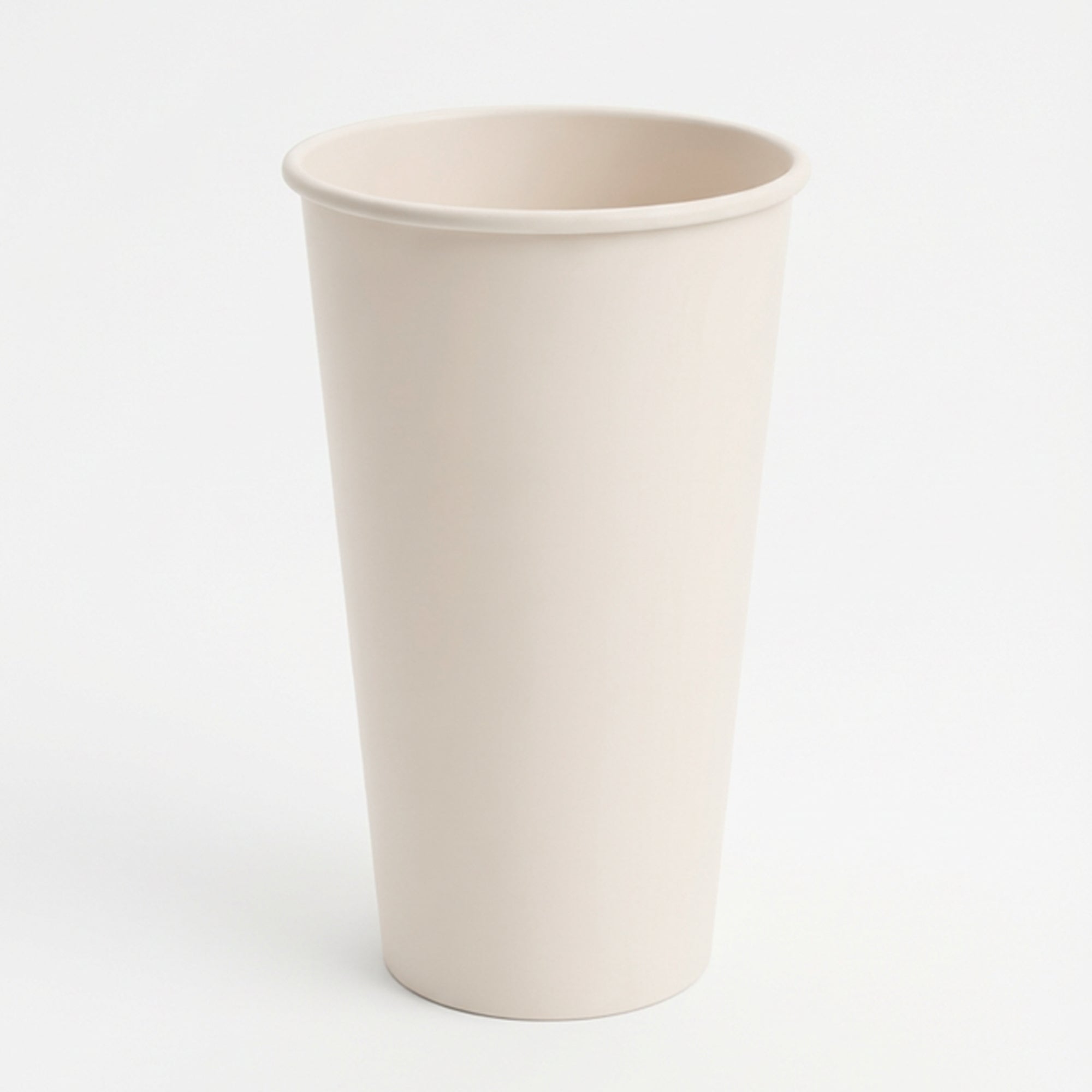 A tall, plain, off-white ceramic cup is centered on a white background. The minimalist design conveys simplicity and elegance.