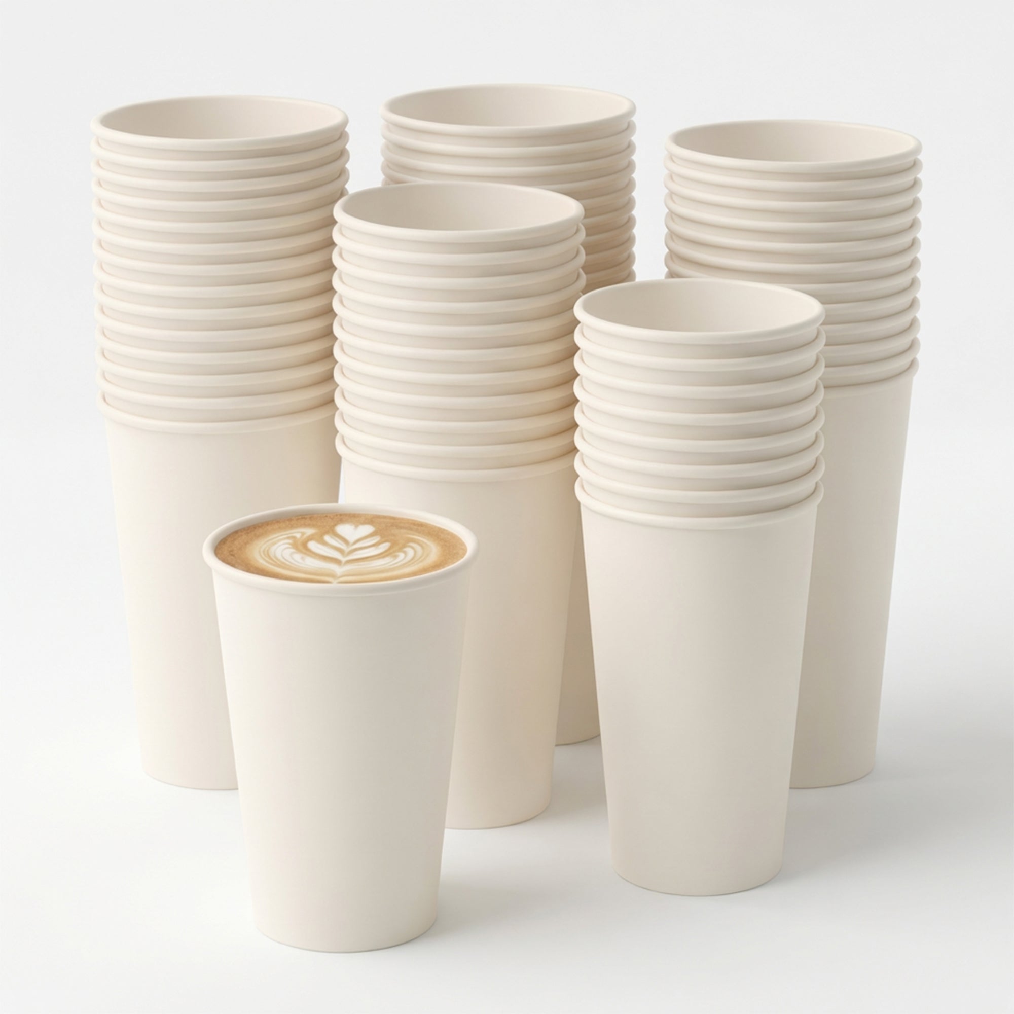 A large stack of plain, white, paper cups fills the background, while in the foreground, a single cup holds a latte with intricate foam art.