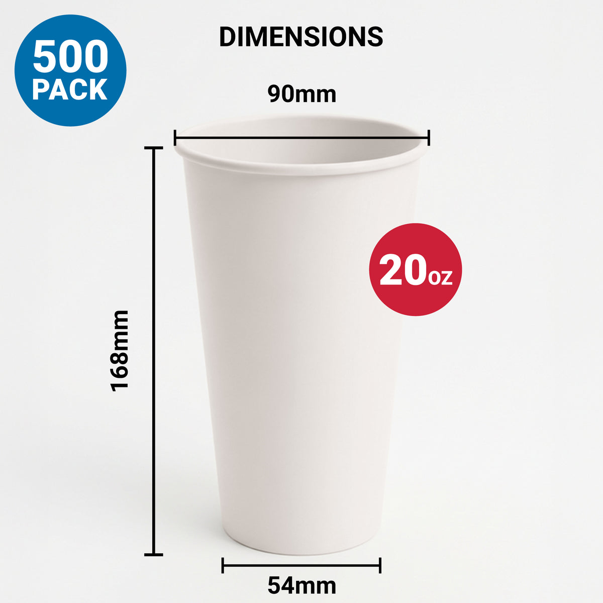 500 pack of 16 oz disposable cups with dimensions of 90mm diameter and 135mm height.