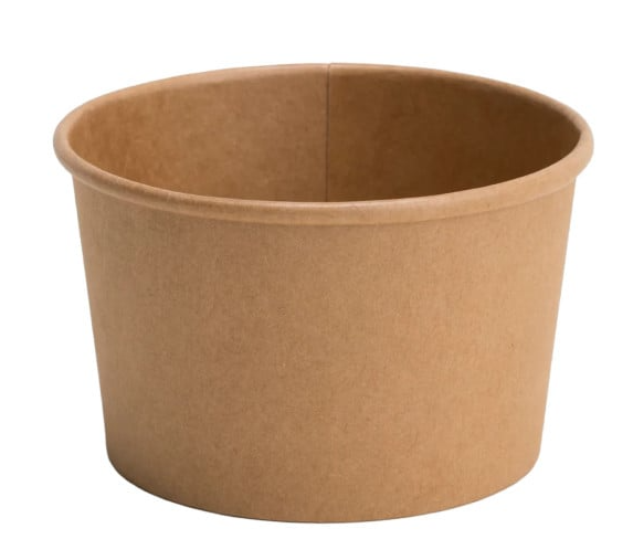 A plain, brown, disposable paper bowl is centered on a white background. The bowl is empty, showcasing its smooth texture and simple, eco-friendly design.