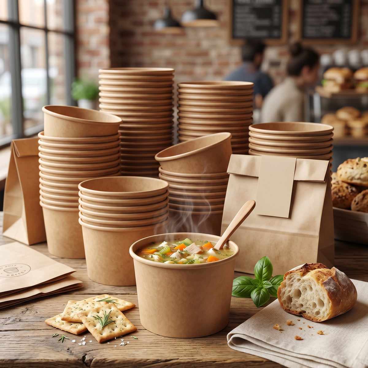 A stack of disposable brown paper food containers and a bowl of soup with vegetables, alongside crackers and fresh bread on a wooden table in a cozy café setting.