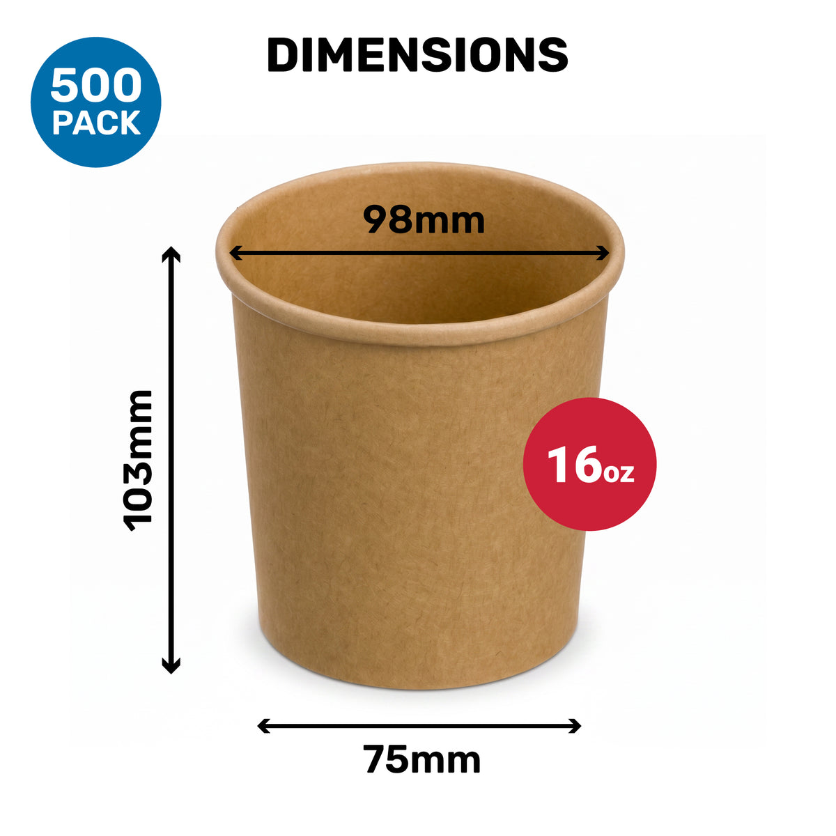 Kraft paper cup with dimensions and capacity label on a white background