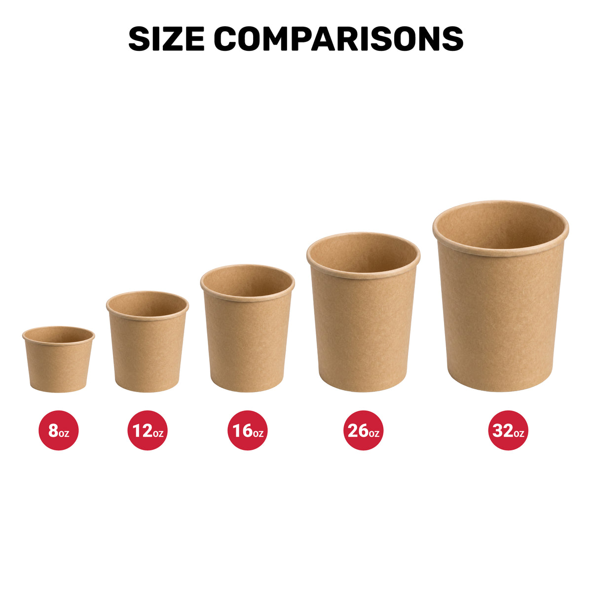Set of brown paper cups with size labels on a white background
