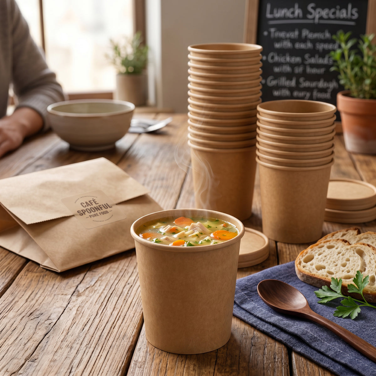A bowl of soup on a wooden table with stacks of paper containers in the background, a paper bag labeled "CAFE SPOONFUL," and some slices of bread.