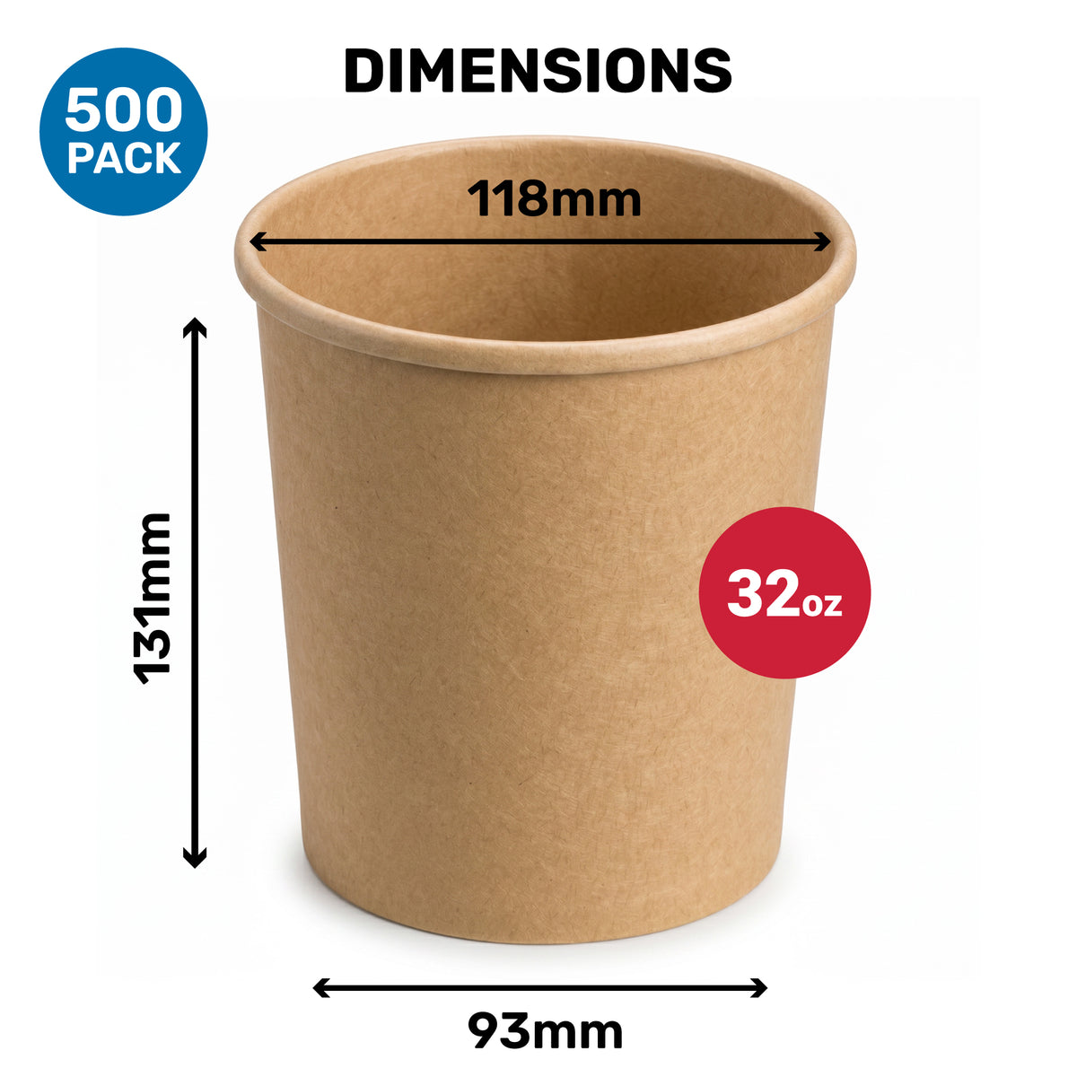 Dimensions of a paper cup, 32 oz capacity, measuring 131mm in height and 118mm in diameter. The image includes a label indicating "500 Pack."