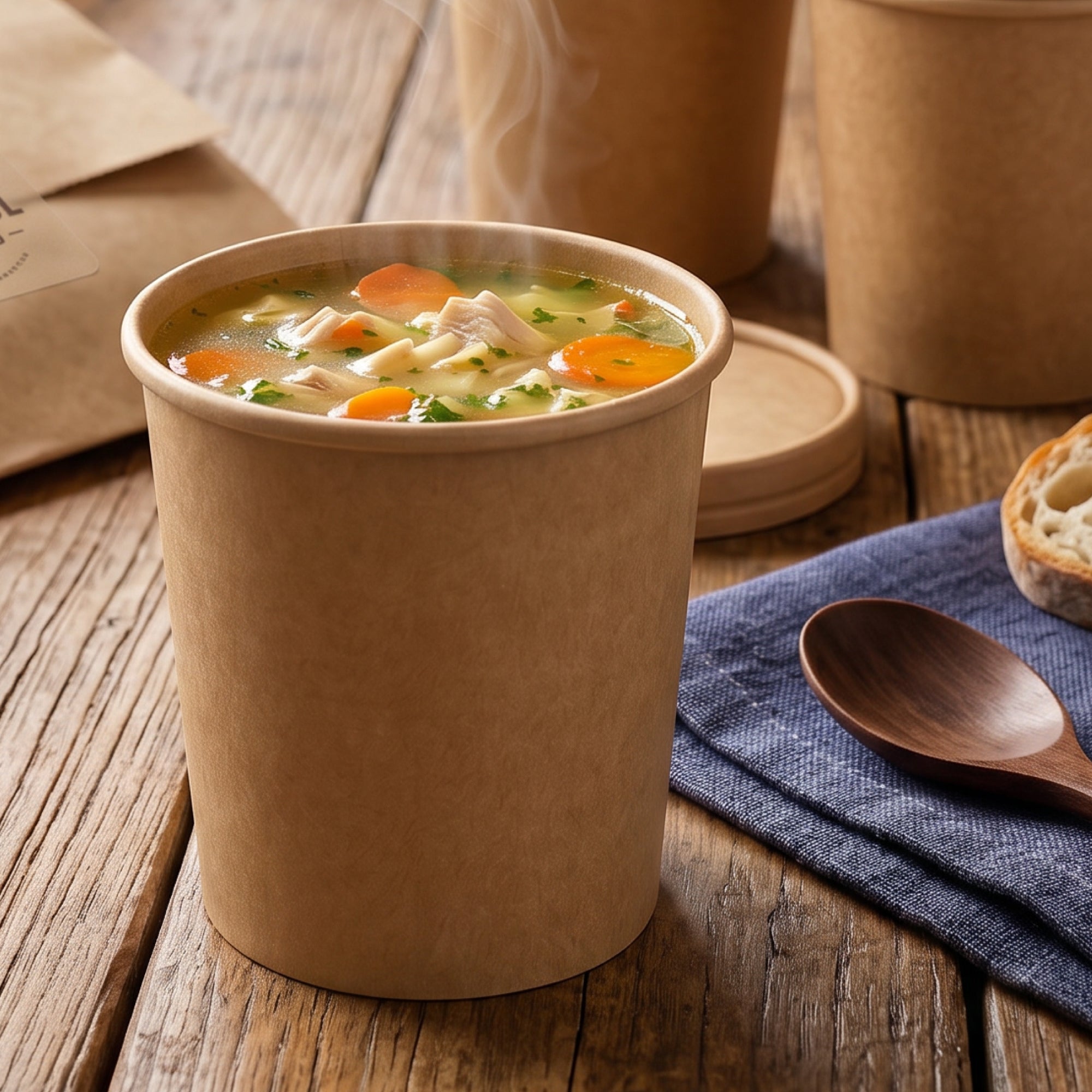 A warm bowl of soup with carrots, herbs, and chicken in a brown paper container, placed on a wooden table with a spoon and bread. Steam is rising from the soup.