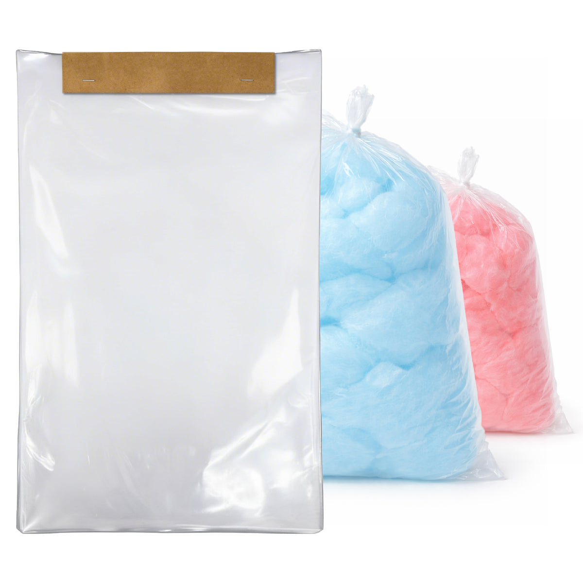 Transparent cellophane bag and sealed blue and pink cotton candy bags in the background. The scene conveys a festive, playful mood.