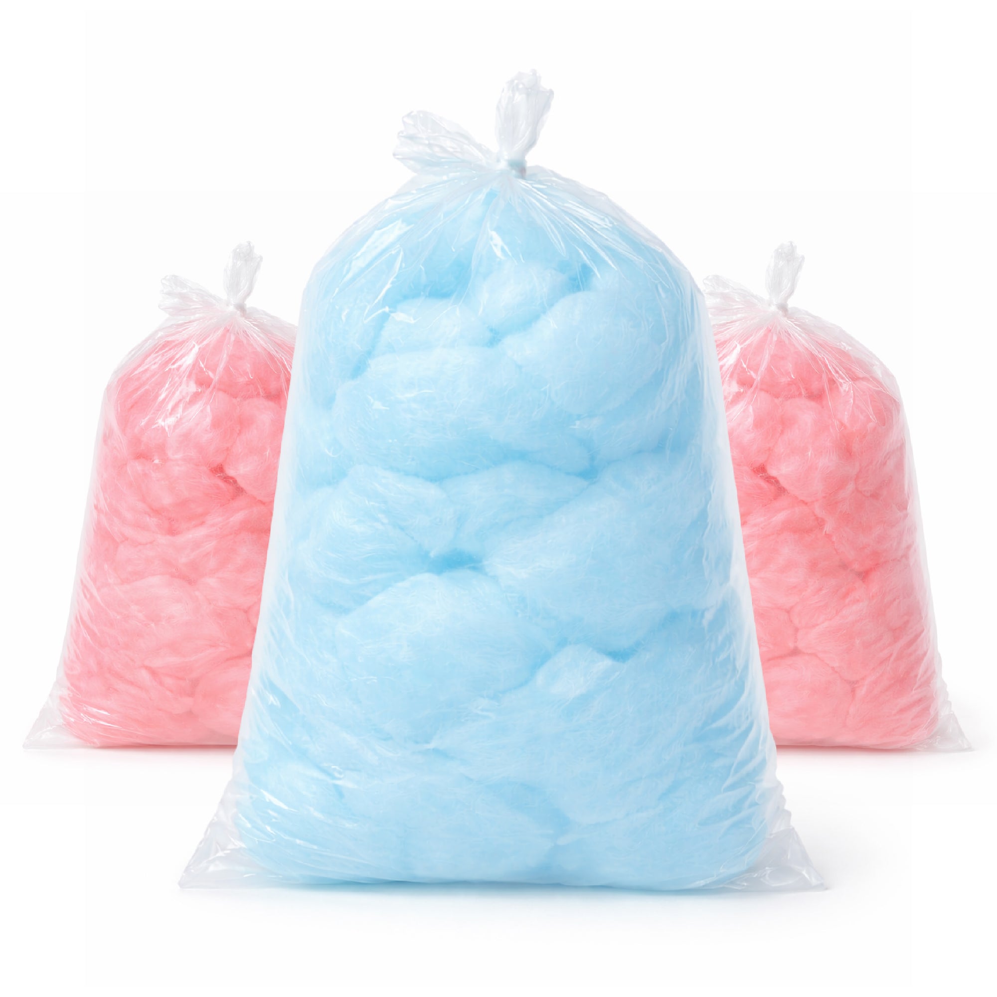 Three bags of fluffy cotton candy are displayed against a white background. The central bag is blue, flanked by two smaller pink bags. The mood is playful.