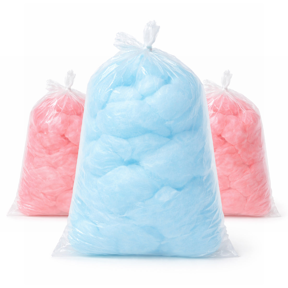 Three bags of fluffy cotton candy are displayed against a white background. The central bag is blue, flanked by two smaller pink bags. The mood is playful.
