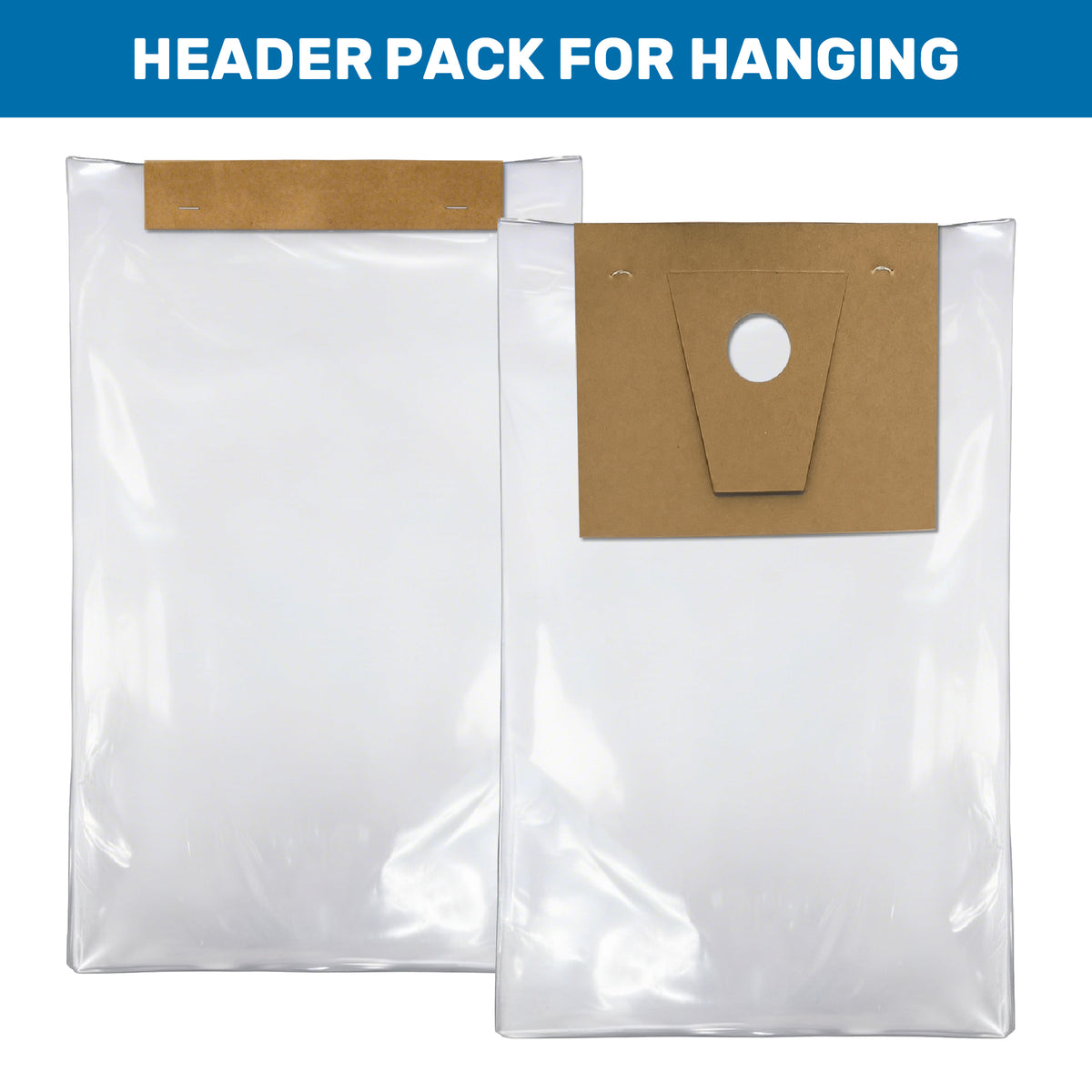 Two transparent plastic bags with brown paper headers for hanging, displayed against a white backdrop. The image conveys a practical packaging solution.