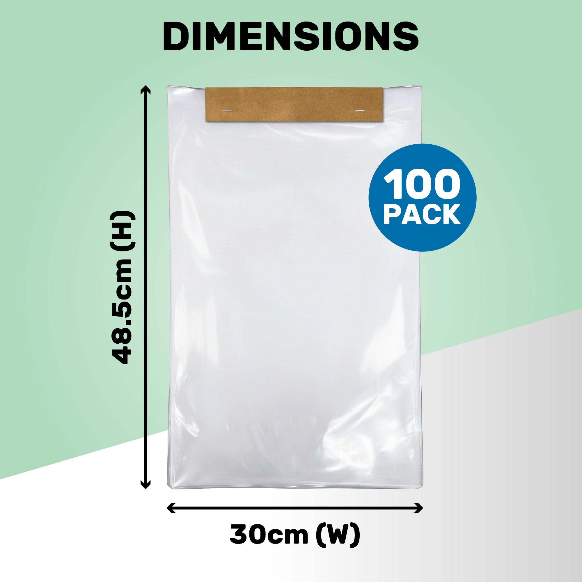 A transparent plastic bag measures 48.5cm in height and 30cm in width against a light green background. A blue circle indicates a 100 pack.
