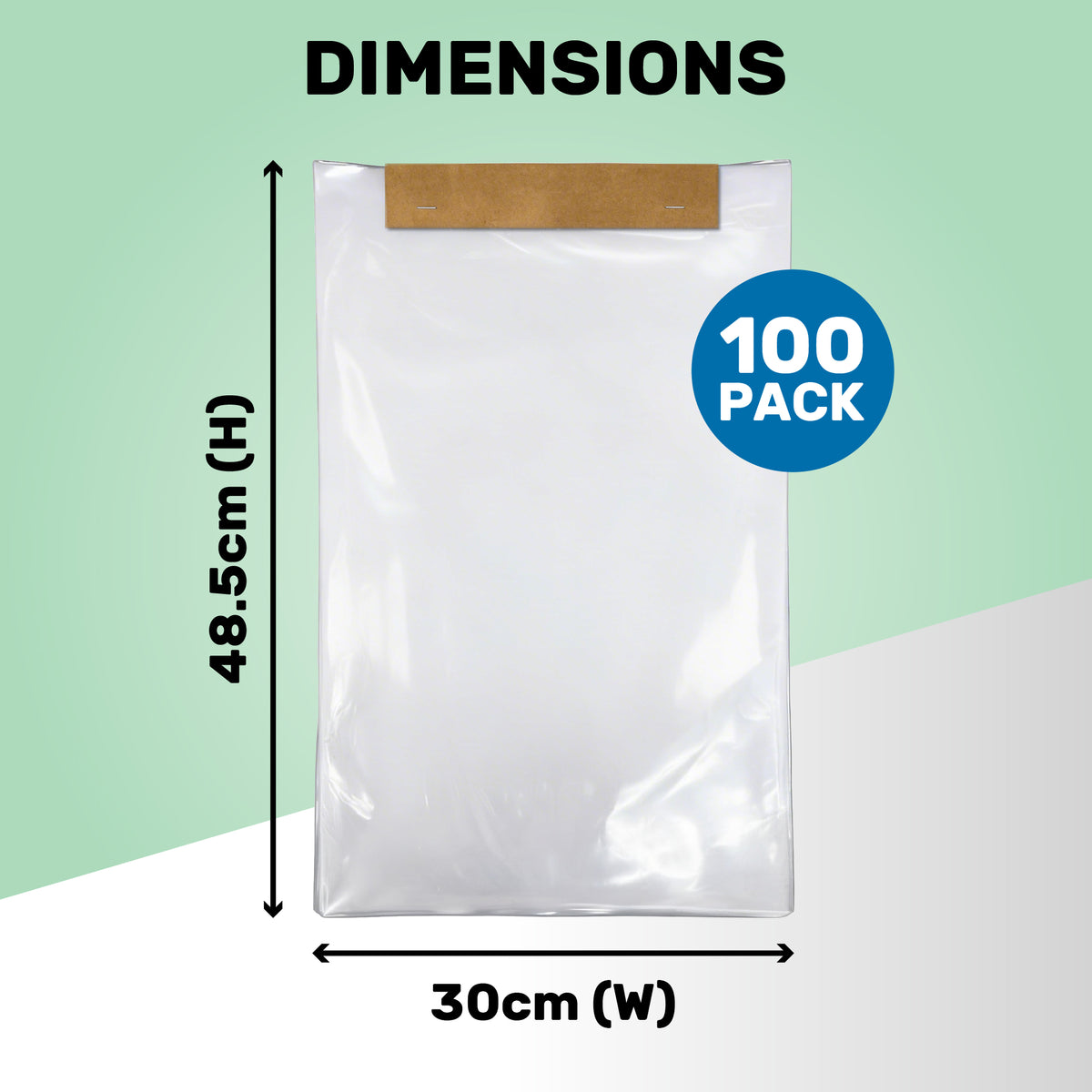 A transparent plastic bag measures 48.5cm in height and 30cm in width against a light green background. A blue circle indicates a 100 pack.