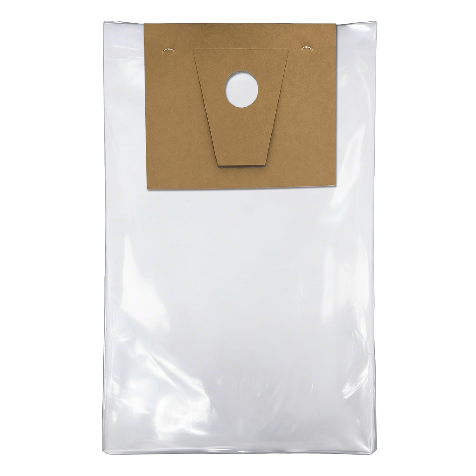 Clear plastic pouch with a brown cardboard hanger tab. The tab has a triangular cutout and two small holes at the top for hanging. Minimalist design.