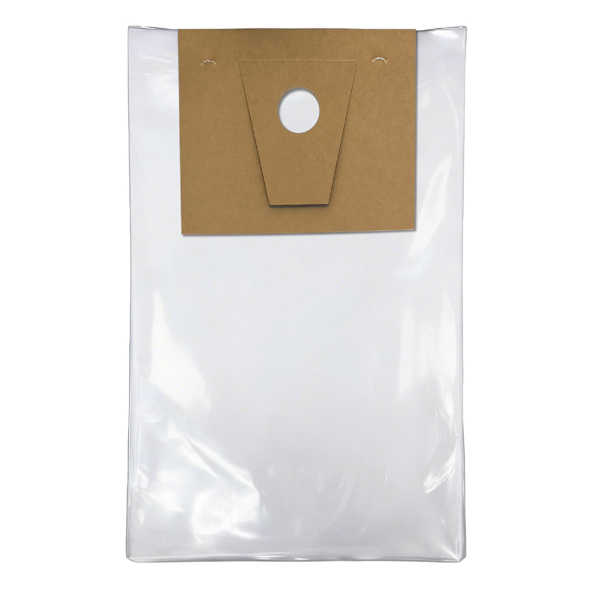 Clear plastic pouch with a brown cardboard hanger tab. The tab has a triangular cutout and two small holes at the top for hanging. Minimalist design.