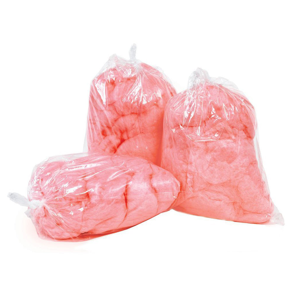 Three bags of pink cotton candy are wrapped in clear plastic, stacked against a white background. The image conveys a sense of fun and nostalgia.