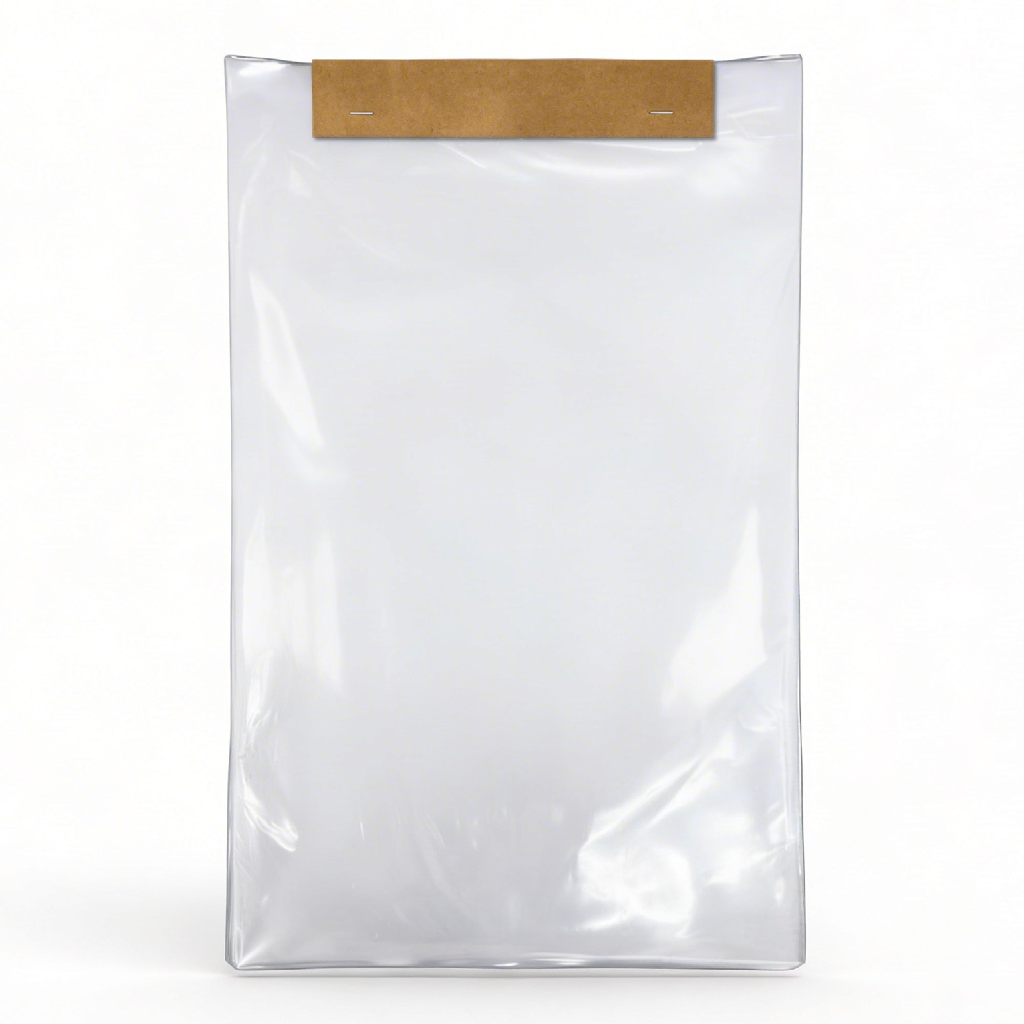 A clear plastic bag with a brown paper header is sealed with two staples. The bag appears empty, set against a plain white background, conveying simplicity.