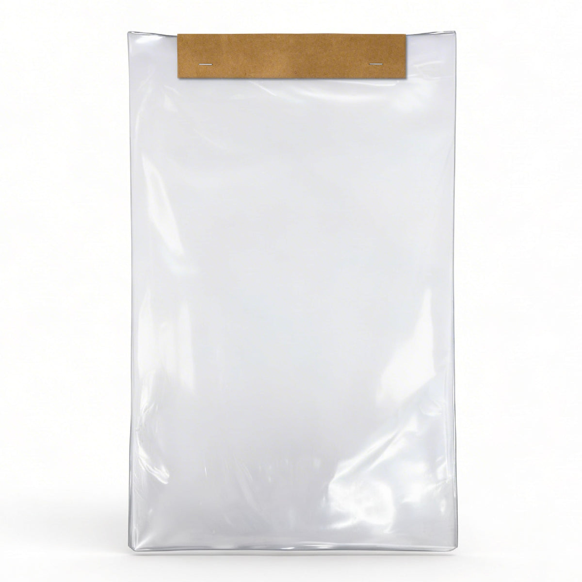 A clear plastic bag with a brown paper header is sealed with two staples. The bag appears empty, set against a plain white background, conveying simplicity.