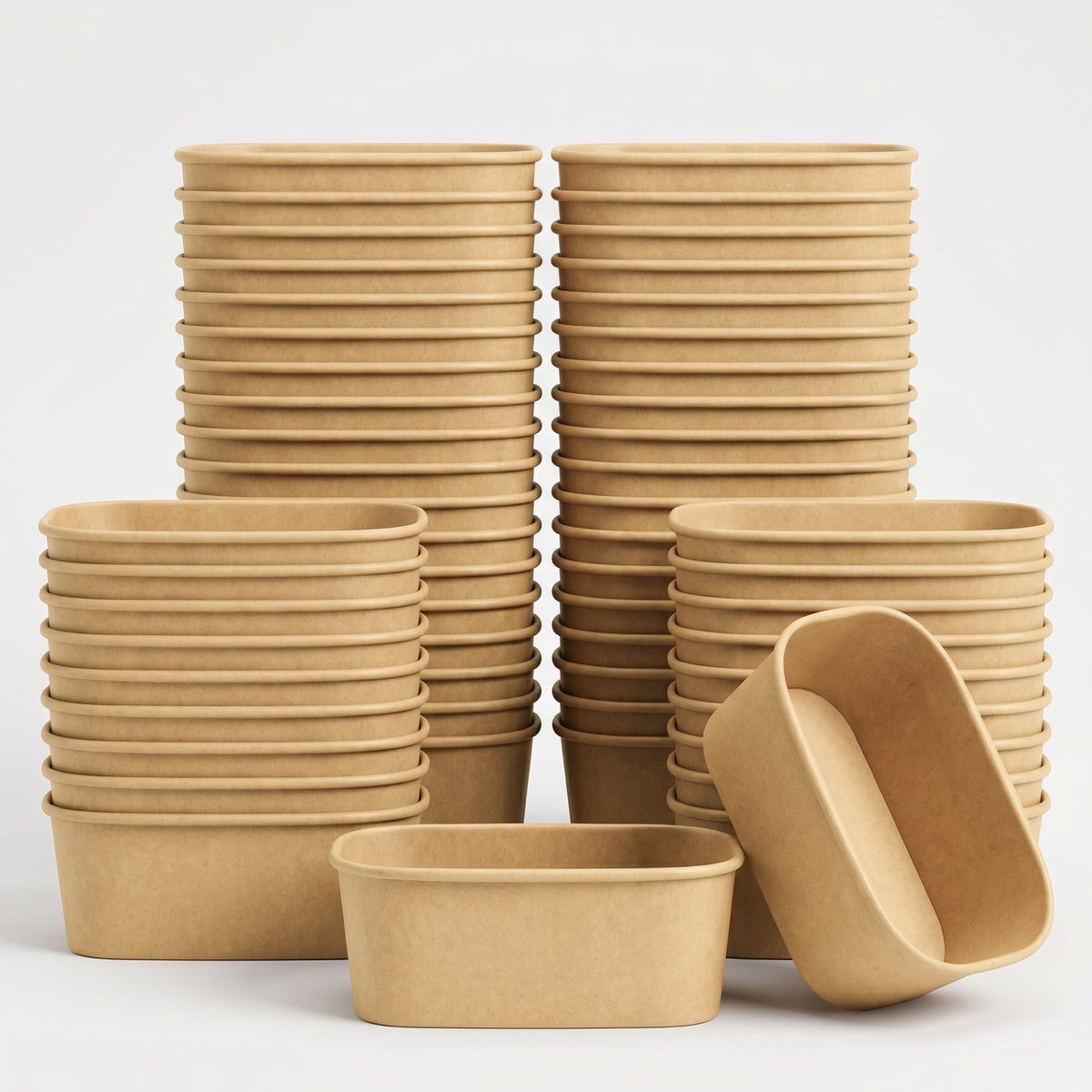 A stack of beige, rectangular storage containers arranged in various heights and orientations.