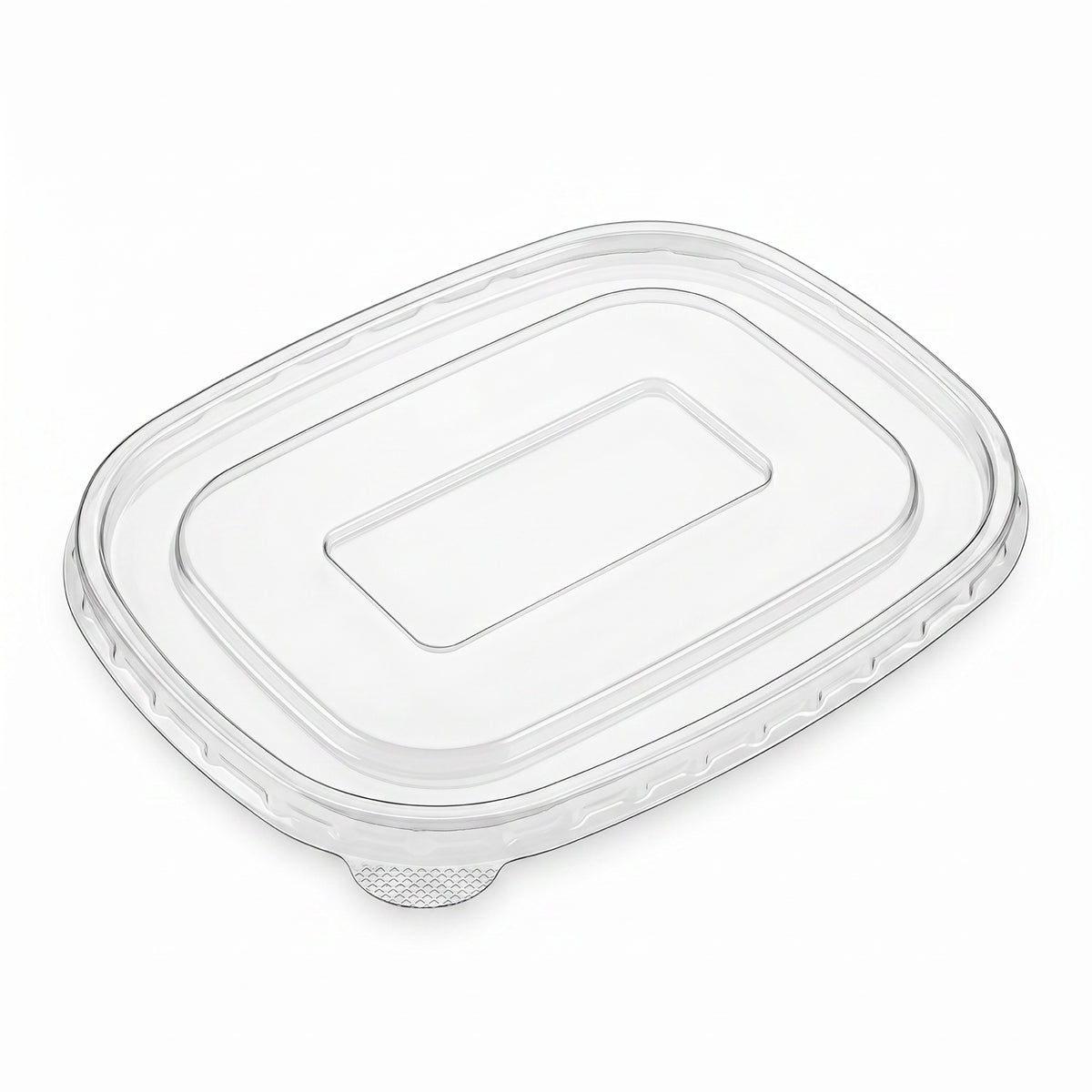 Clear rectangular plastic lid with a textured rim and small tab for easy opening, lying flat against a white background.