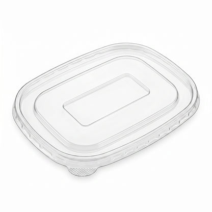 Clear rectangular plastic lid with a textured rim and small tab for easy opening, lying flat against a white background.