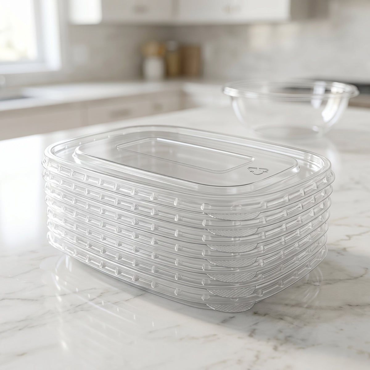 A stack of clear rectangular plastic containers with lids sits on a marble kitchen counter. The background features blurred kitchen items.