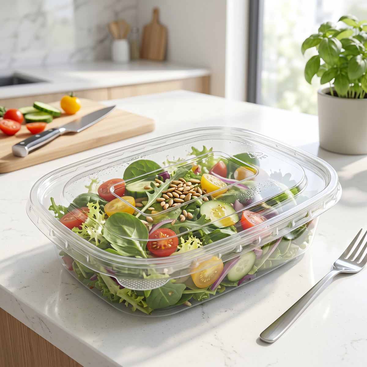 Fresh salad in a sealed clear container on a bright kitchen counter. Ingredients include greens, cherry tomatoes, cucumbers, and seeds. A cutting board and basil plant visible.