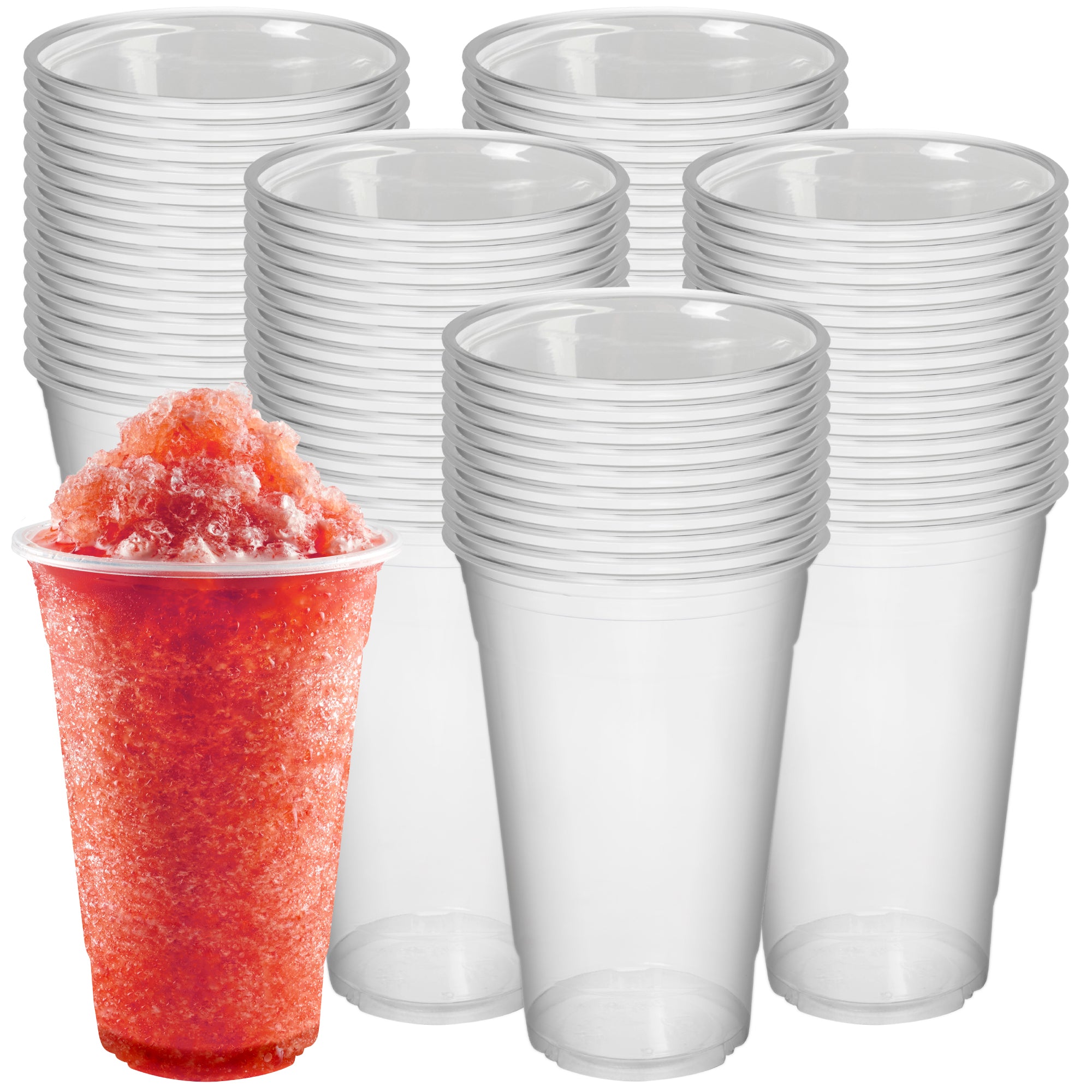 Stacks of clear plastic cups are arranged in rows, with one cup filled with red shaved ice in the foreground, conveying a refreshing, summery feel.