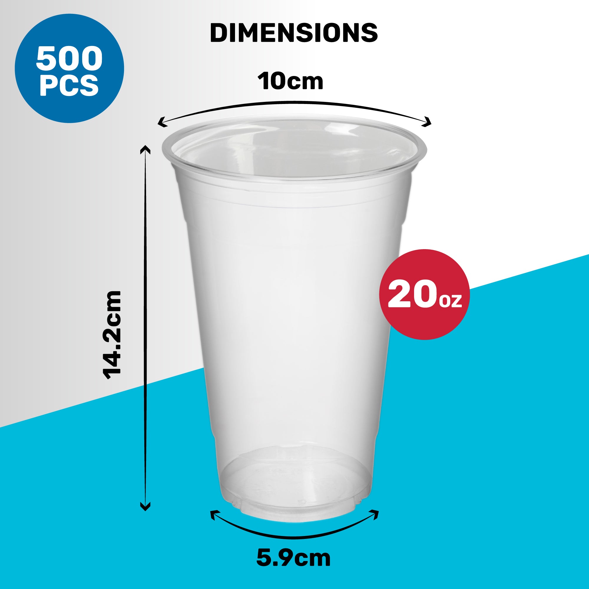 Transparent plastic cup image with dimensions: 14.2cm height, 10cm top diameter, and 5.9cm base. Labeled "20 oz", set against a blue and white background.