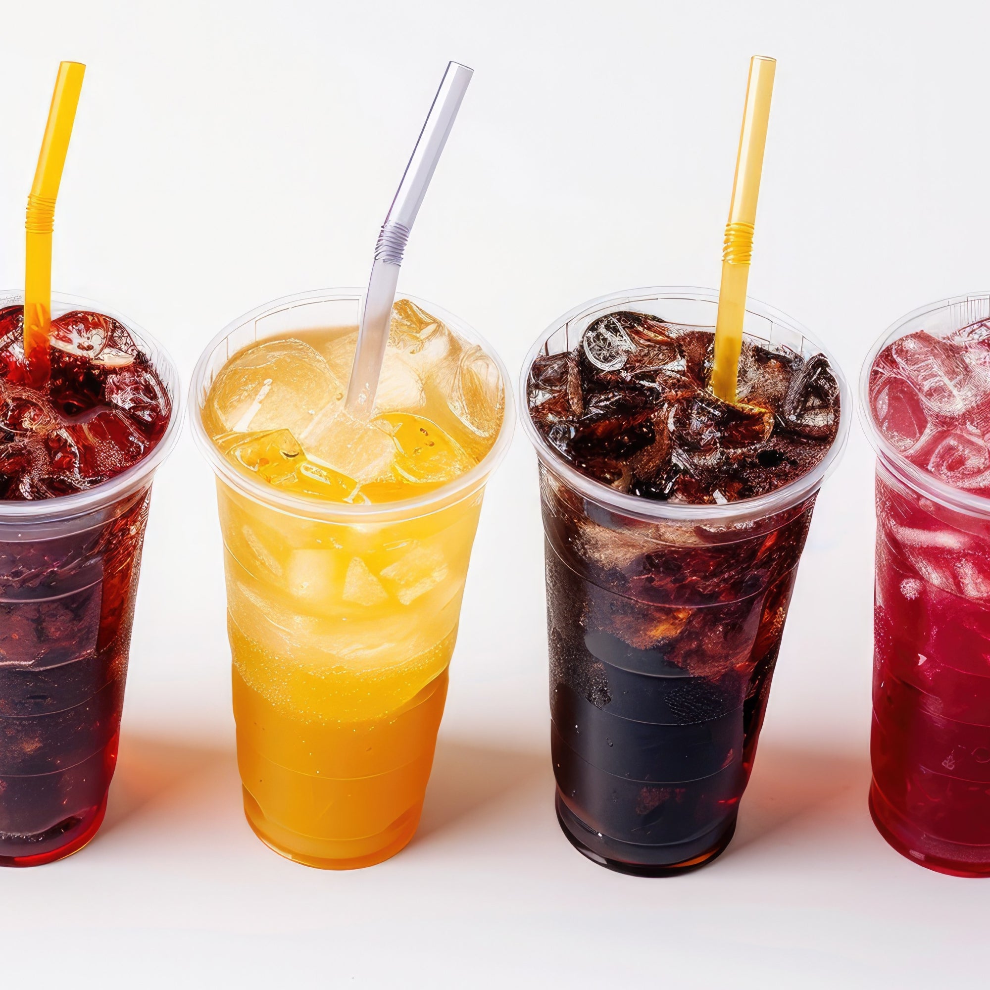 Four plastic cups filled with iced drinks in varying colors: red, orange, dark cola, and pink. Each has a different colored straw, set against a white background.