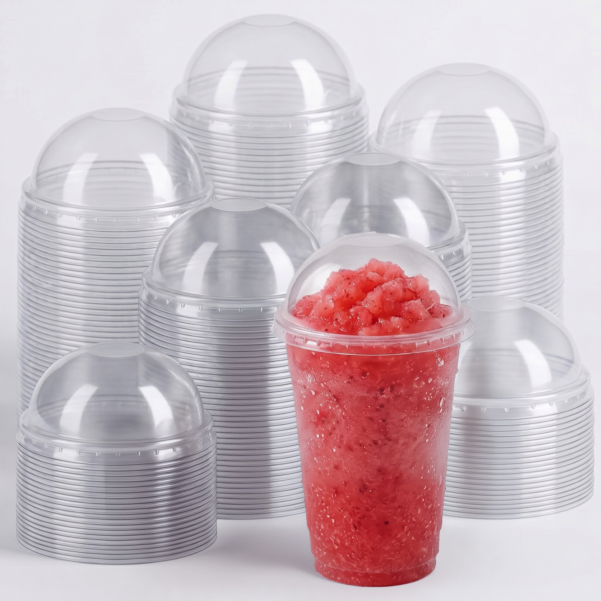 Stacks of clear dome lids surround a plastic cup filled with bright red slush. The scene is orderly, highlighting mass production.