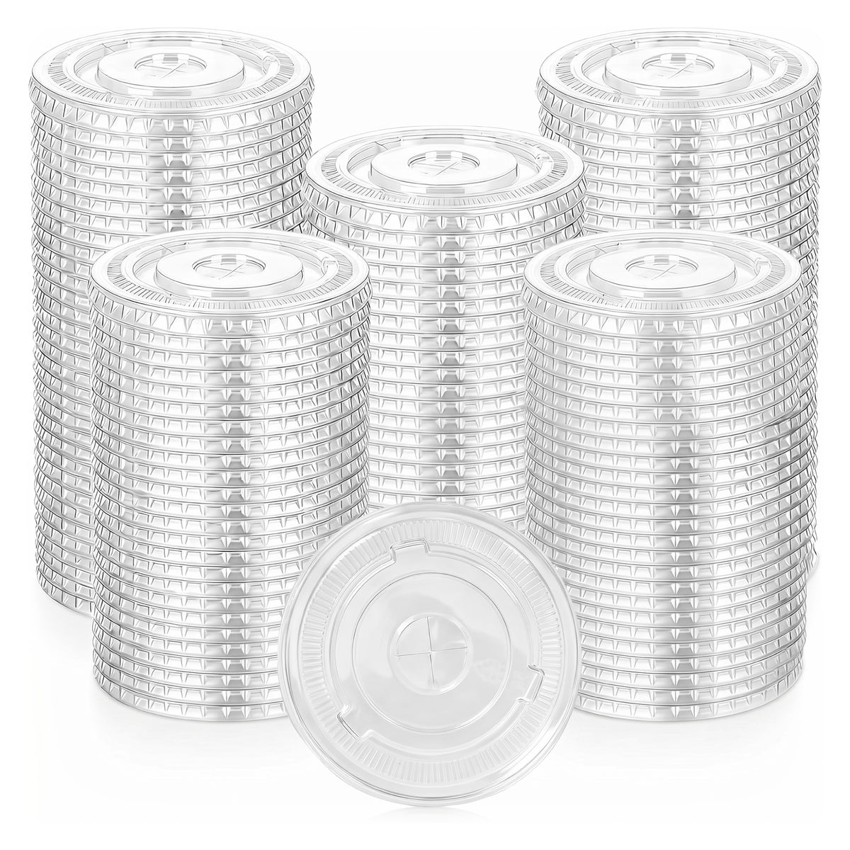 Stacks of transparent plastic lids are arranged in rows against a white background. The lids have a circular design, creating a sense of order.