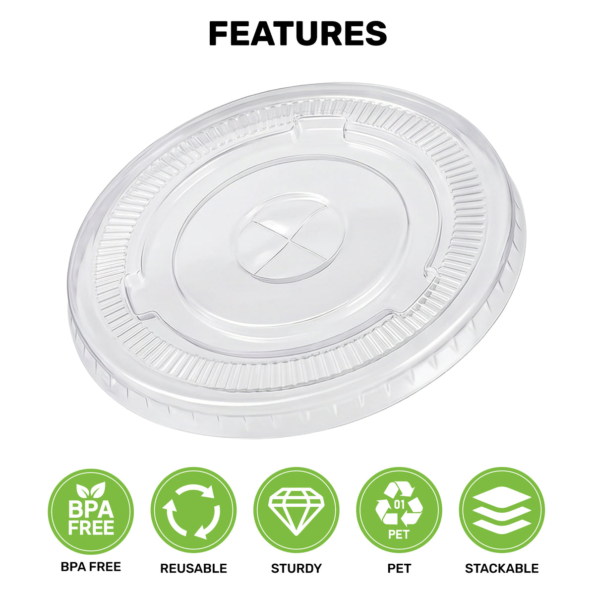 Clear plastic lid against a white background, showcasing its features: BPA-free, reusable, sturdy, made of PET, and stackable.