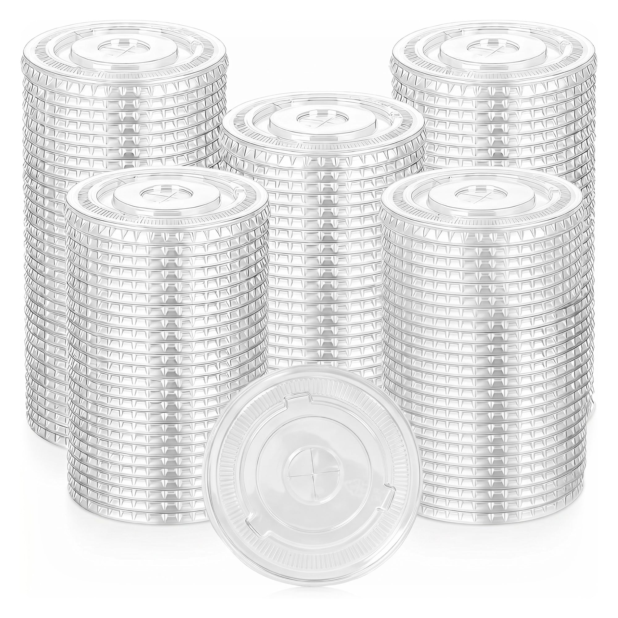 Stacks of clear, plastic lids are neatly arranged in rows against a white background. One lid is placed flat in the foreground, showcasing its design.