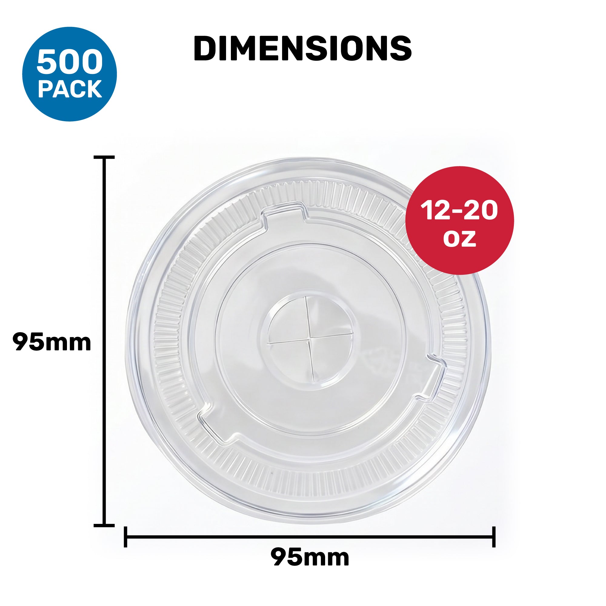 Clear plastic lid with a ribbed design for cups, measuring 95mm in diameter. Text indicates it's a 500-pack, suitable for 12-20 oz containers.
