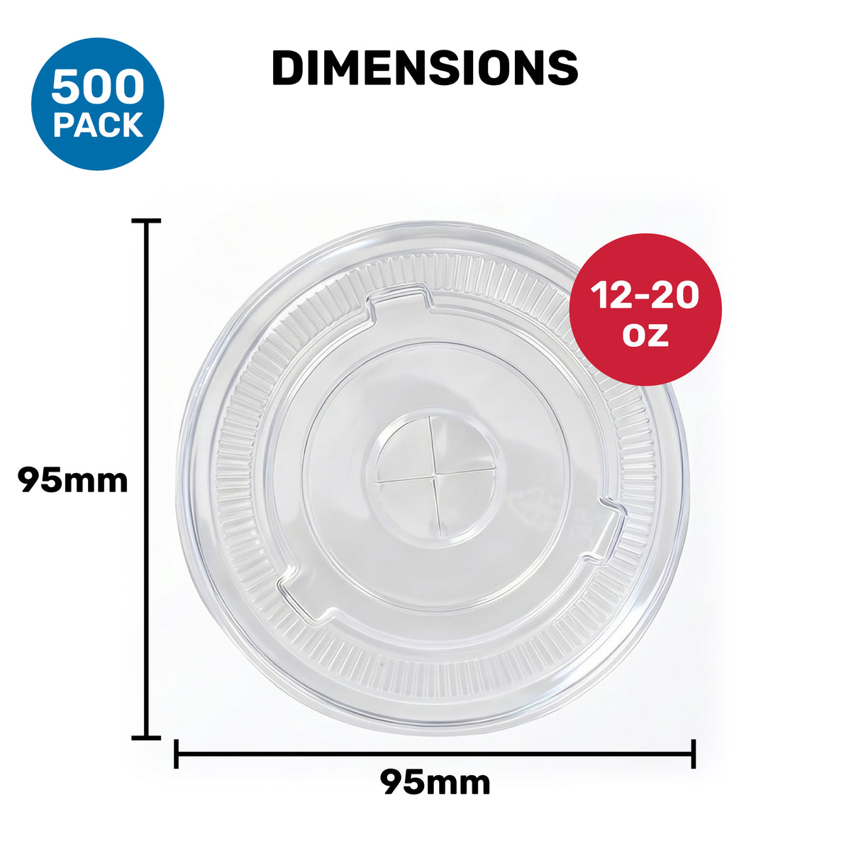 Clear plastic lid with a ribbed design for cups, measuring 95mm in diameter. Text indicates it's a 500-pack, suitable for 12-20 oz containers.