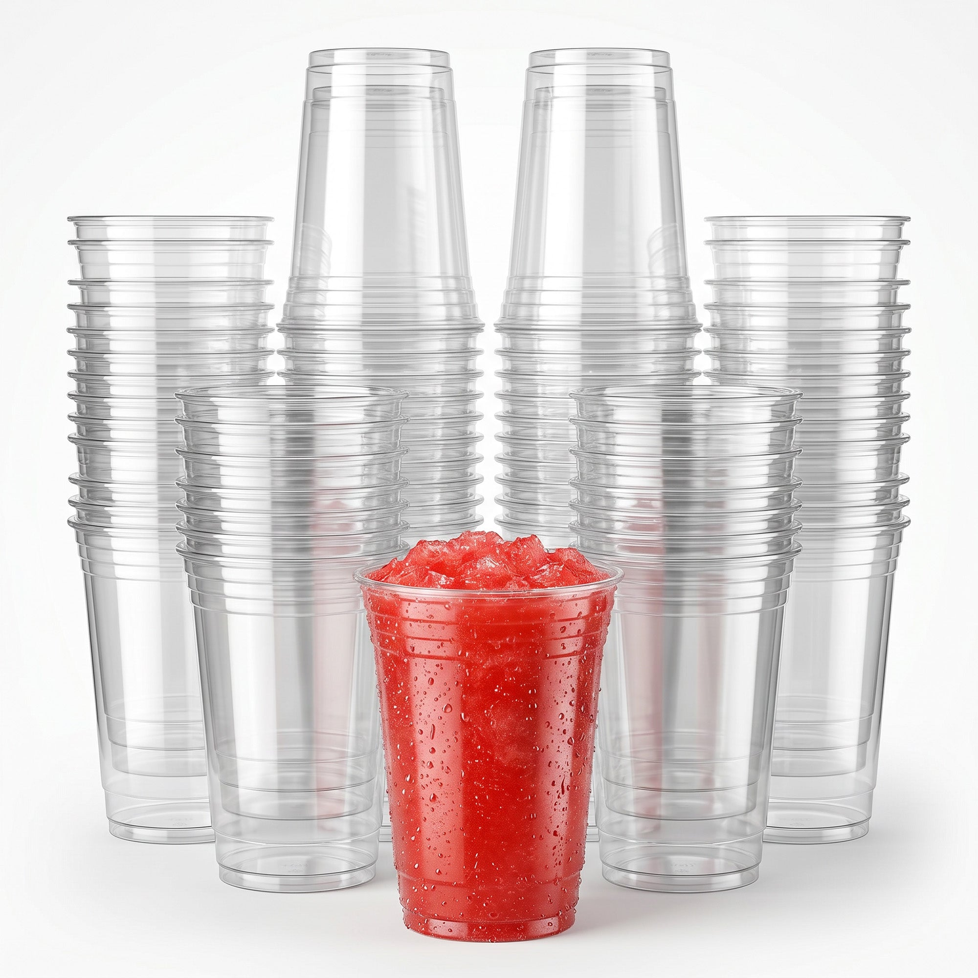 A single plastic cup filled with red, icy slush sits in front of neatly stacked, empty plastic cups on a white background, evoking a refreshing, cool vibe.