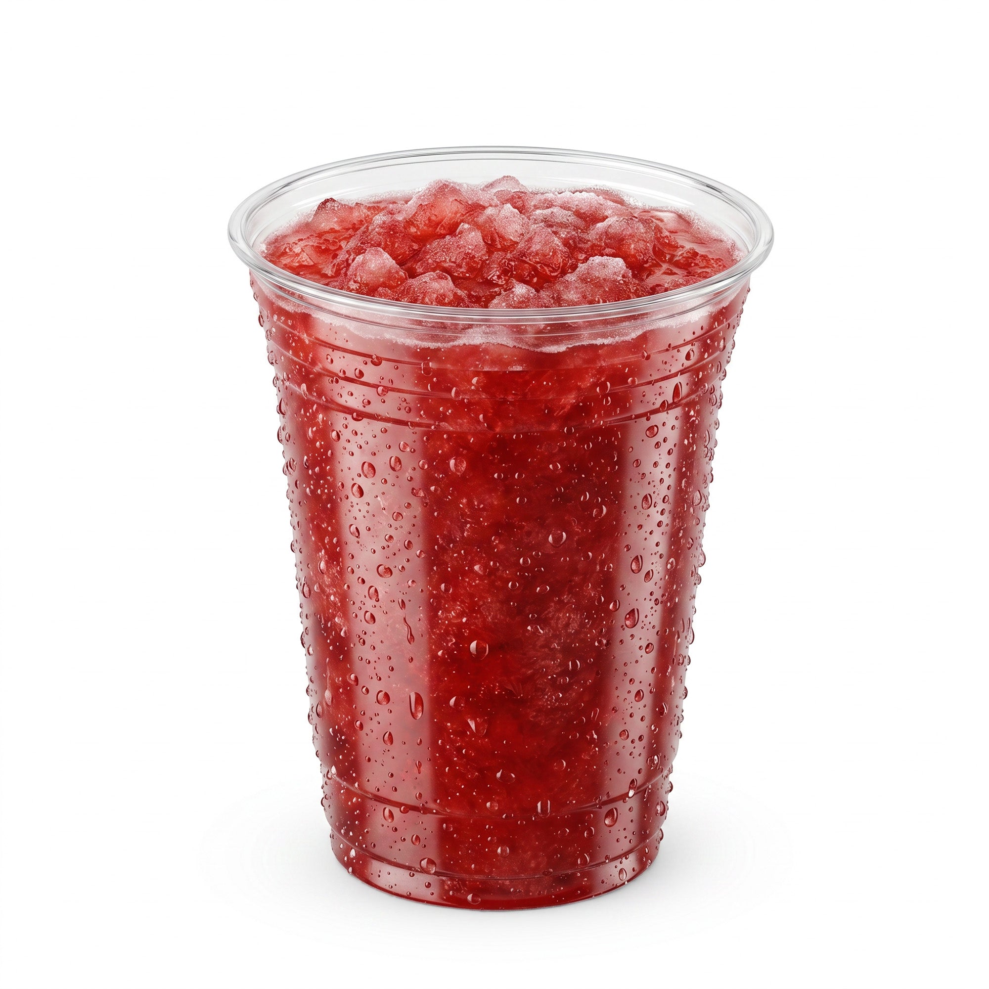 A clear plastic cup filled with bright red, crushed ice slushie. Water droplets on the cup suggest it's cold and refreshing.