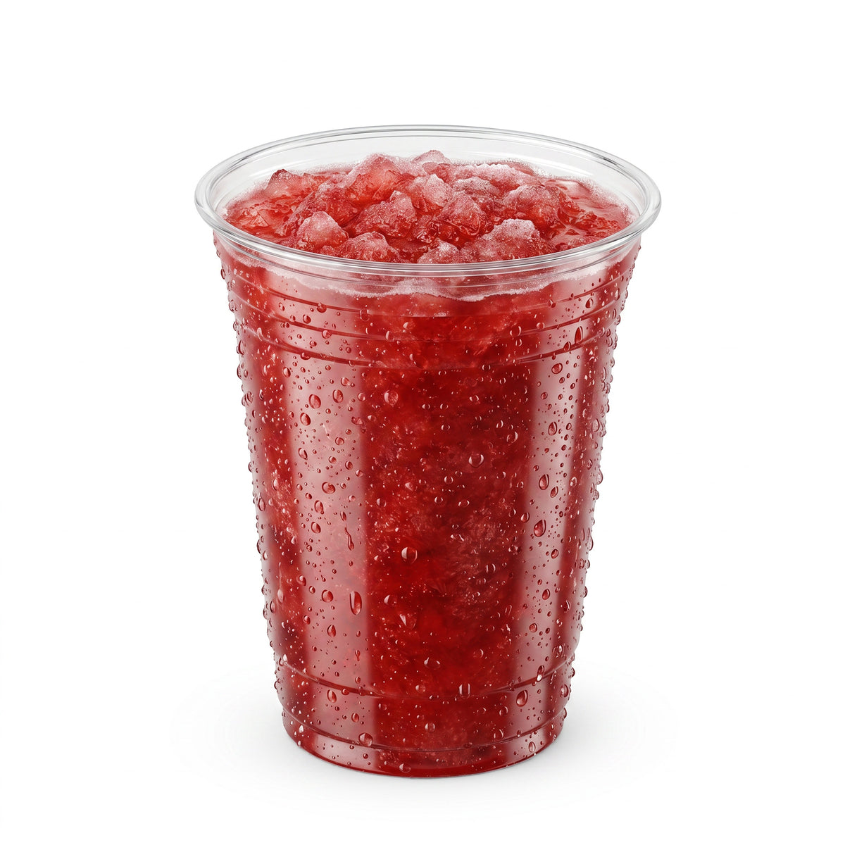 A clear plastic cup filled with bright red, crushed ice slushie. Water droplets on the cup suggest it's cold and refreshing.