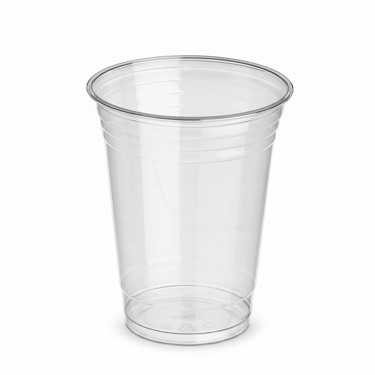 A clear plastic cup with a smooth, slightly tapered design, embossed with measurement lines. It stands upright against a plain white background.