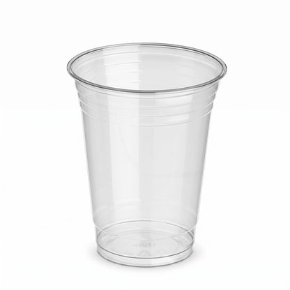 A clear plastic cup with a smooth, slightly tapered design, embossed with measurement lines. It stands upright against a plain white background.