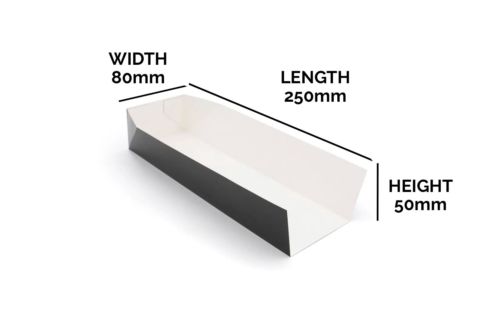 Angled side view of a white and black cardboard hot dog tray with labeled dimensions: 250 mm length, 80 mm width, and 50 mm height.