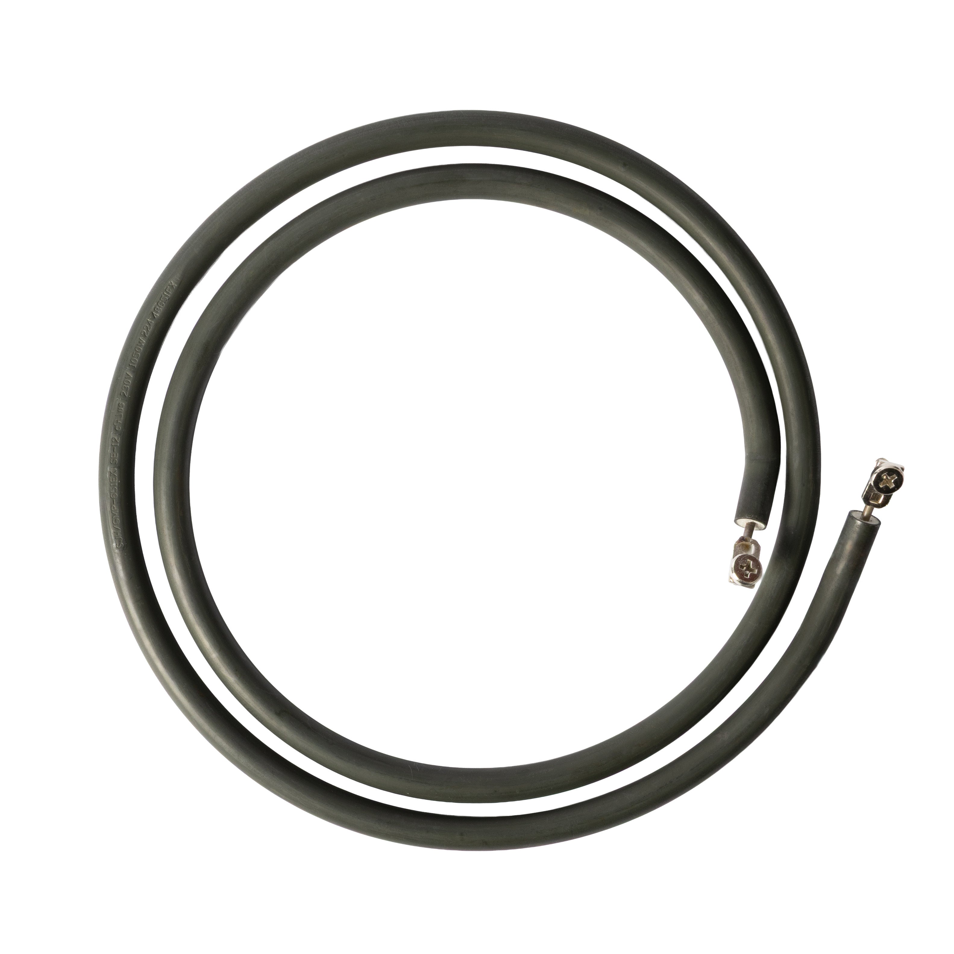 Coiled black cable on a white background