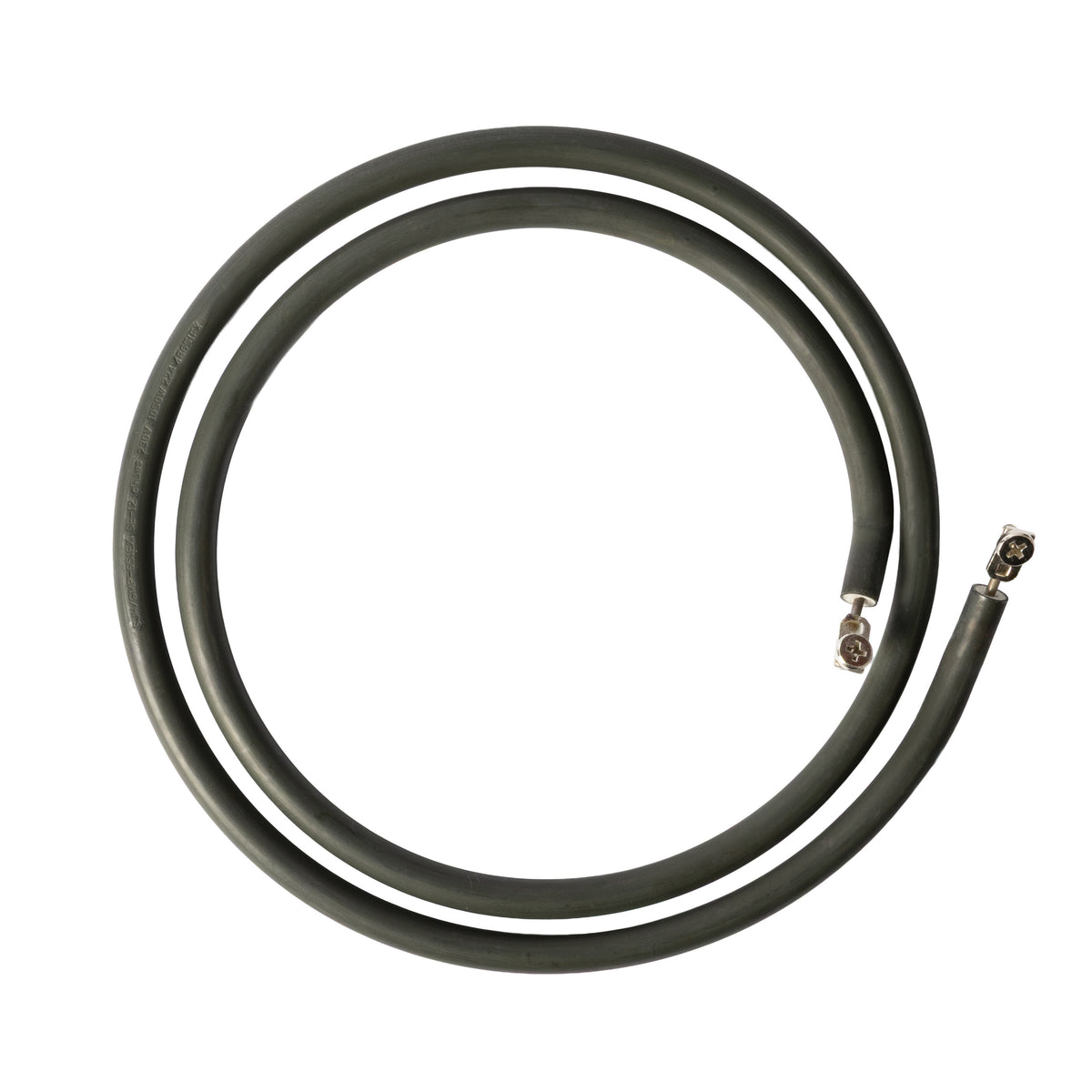 Coiled black cable on a white background
