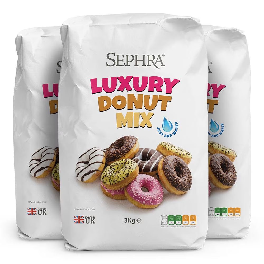Three large white bags of Sephra Luxury Donut Mix arranged together on a clean white background, with the center bag fully visible and the side bags partially behind it.