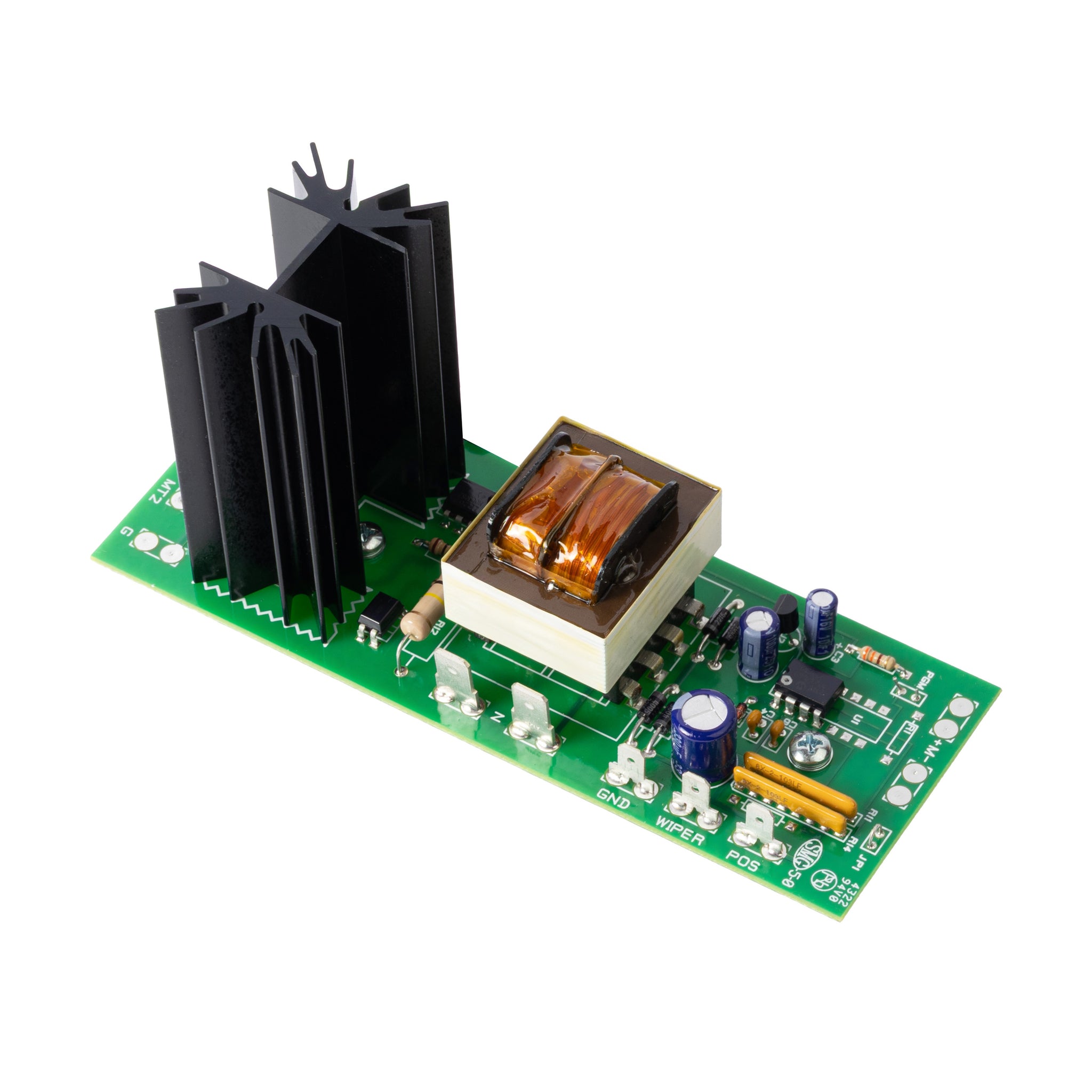 Angled view of an electronic control board featuring a large black heat sink, copper-wound transformer, capacitors, and terminal connectors.