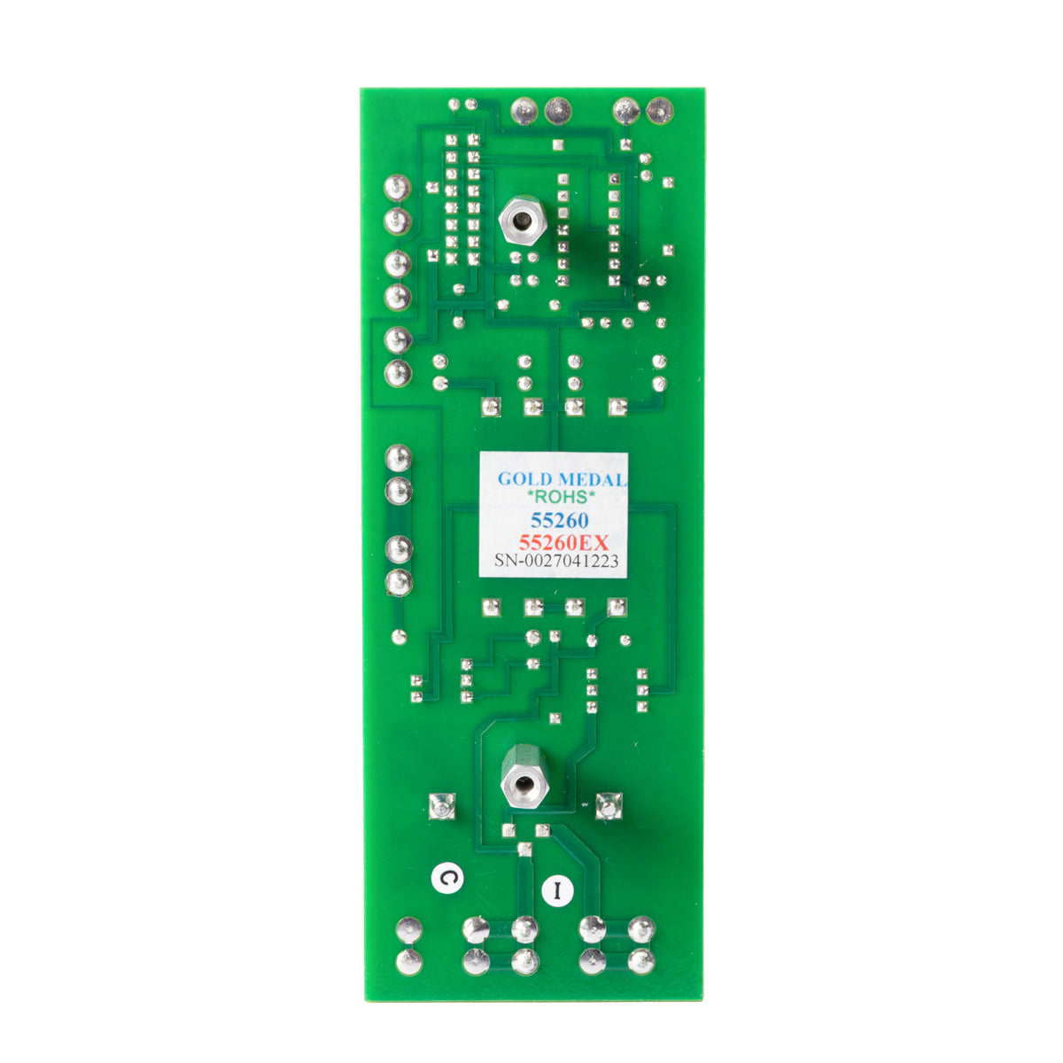 Back view of a green printed circuit board showing solder points, circuitry paths, and Gold Medal ROHS label 55260EX.