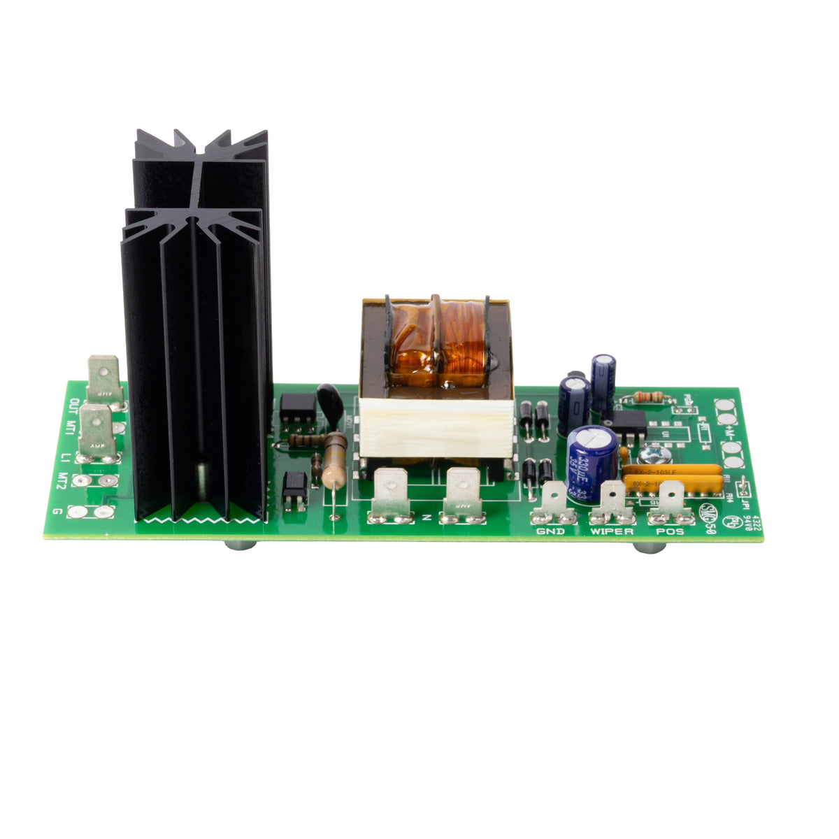 Side view of an electronic control circuit board with black heat sink, transformer, and mounted components on a green PCB.